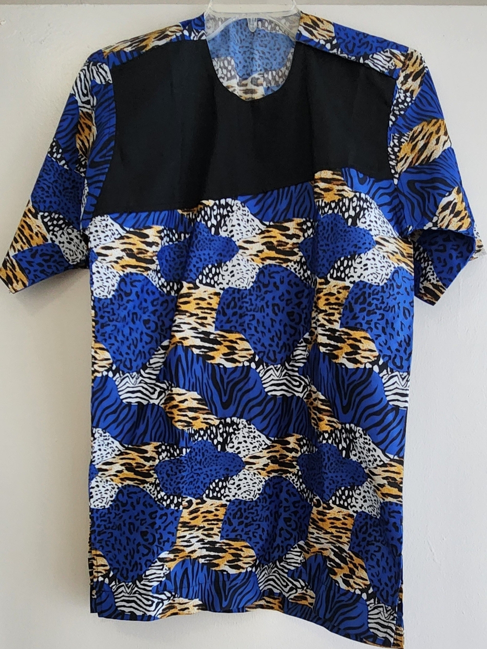 Men's Blue Multicolor Short-Sleeve Patterned Shirt